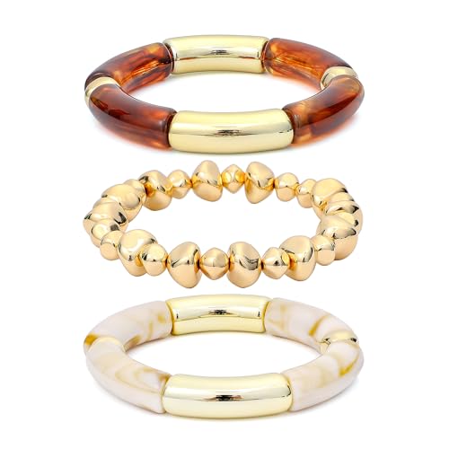 GOOJIDS Simple Beaded Gold Plated Bangles Bracelet Chunky Bamboo Tube Curved Stacking Clear Acrylic Colorful Beads Stretchable Gold Plated Bracelets Set For Women - color: T-Gold&Brown Set