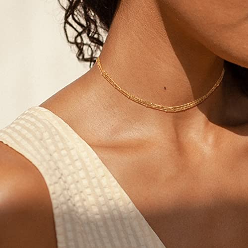 CHESKY 14k Gold Plated/Silver Plated Dainty Necklace for Women, Trendy Satellite Choker Necklace Thin Beaded Layered Choker Necklaces Discs Paperclip Chain Necklaces Womens Simple Jewelry - style: 3beads-gold