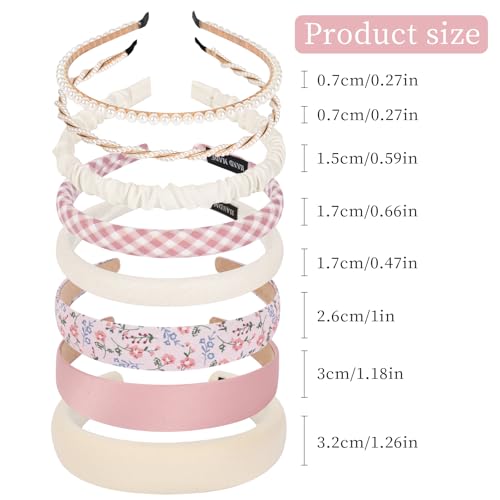 LYroo Headbands for Women Girls Non Slip - 8 Pack Wide Padded Headband Cute Floral Headbands Fashion Pearl Beaded Thin Head Bands Trendy Hair Accessories(White & Pink) - color: Beige