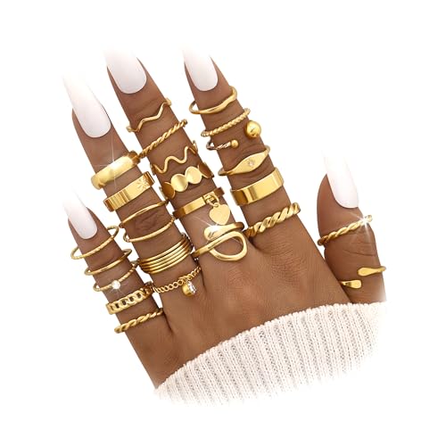 FAXHION 24-60 Pcs Gold Stackable Rings for Women, Knuckle Rings Chunky Gold Ring Set Dainty Stacking Cute Rings, Multiple Sizes Cute Jewelry Set Gift - style: Gold-24 Pcs01