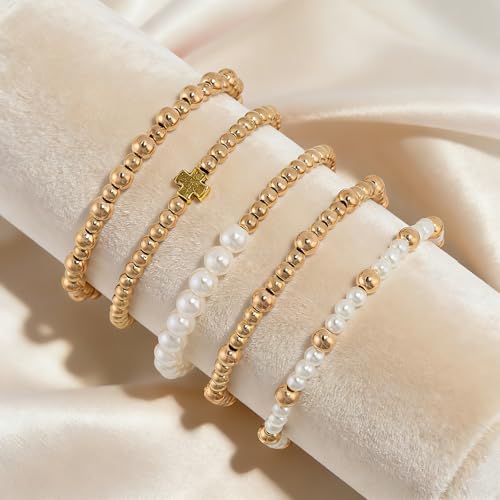 VIBILIA Gold Beaded Bracelets Set for Women 14K Gold Plated Dainty Pearl Cross Bracelet Stack Stretch Bracelet Set Fashion Accessories Gifts - color: 5P-FZZ-White