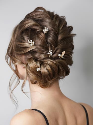 SWEETV 9 Pieces Bride Hair Accessories Pearl Wedding Hair Pins Leaf Bridal Hair Piece Vintage Hair Headpiece Leaf Hair Clips Jewelry for Women Bridesmaids Brides Flower Girls - color: Set-C-Gold