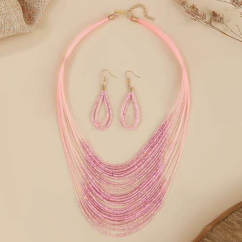 Bohemian Colorful Beaded Earrings Necklace Geometric Teardrop Dangle Earrings Multi-layered Stackable Choker Necklaces Boho Seed Bead Chain Statement Beach Party Accessories - color: Pink