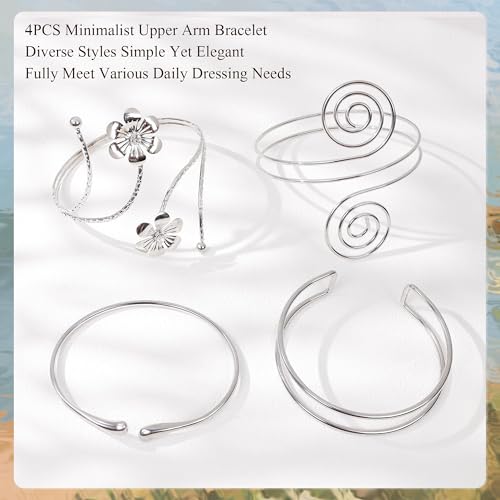 4Pcs Upper Arm Cuff for Women Open Adjustable Arm Bracelets Minimalist Coil Arm Armband Set - style: Silver-Style A