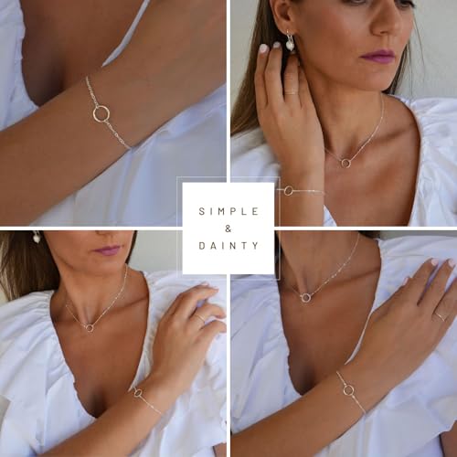 NOKMIT Solid 925 Sterling Silver Bracelets for Women, Dainty Interlocking Circles Cubic Zirconia Adjustable Chain Bracelet, Trendy Stackable Link Bracelets, Simple Cute Jewelry Gifts - color: Silver Karma Circle