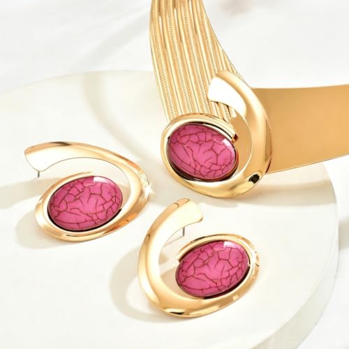 Gold Jewelry Set Chunky Gold Necklace Earring Set for Women Boho Oval Acrylic Earring Necklace Western Adjustable Choker Necklaces Bohemian Jewelry Set For Women - color: RoseRed