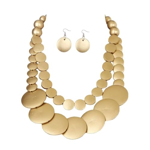 Zian Colorful Wooden Round Beaded Necklace Earrings Jewelry Set for Women Multicolor African Wood Beads Geometric Ethnic Choker Bohemian Statement Accessories - color: Color Gold