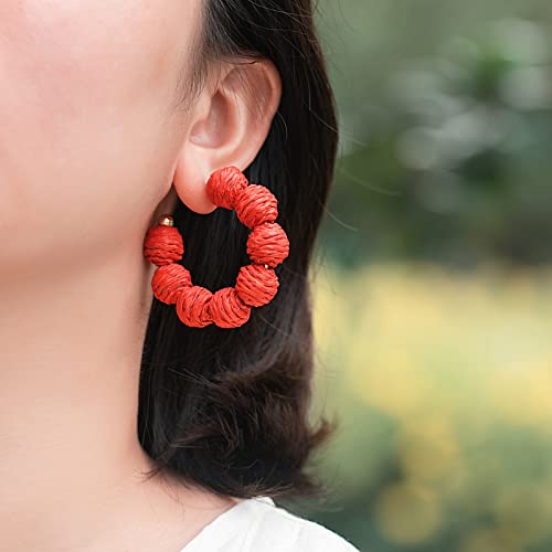 Raffia Hoop Earrings Statement Boho Beaded Earrings Cute Rattan Handmade Colorful Jewelry for Women Unique Summer Outfits - color: Red