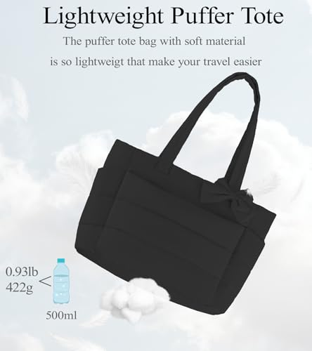 CTWWFS Puffer Tote Bag for Women, Quilted Bow Tote Bag with Cup Holder & 15.6 In Laptop Compartment for Work, Travel, Gym - color: Black