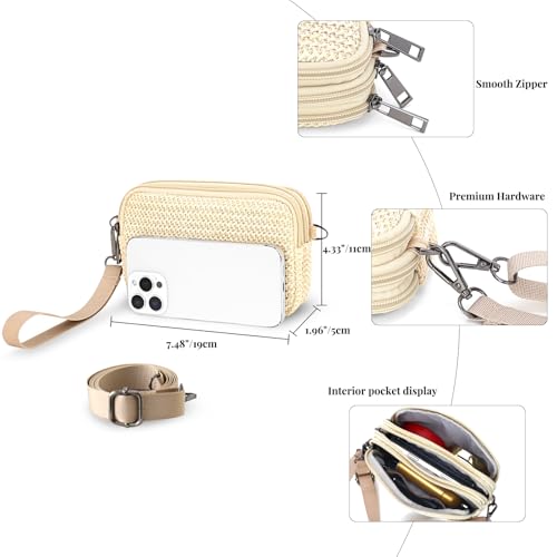 Small Wristlet Wallet for Women, 3-Zip Crossbody Phone Purse - color: Ivory/Pp Straw