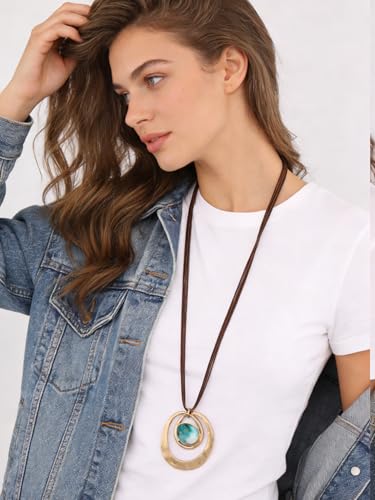 GelConnie Long Necklaces for Women Boho Large Pendant Necklace Casual Bohemian Brown Leather Choker Sweater Circle Statement Stone Necklace - style: Leather Cord Stone Necklace