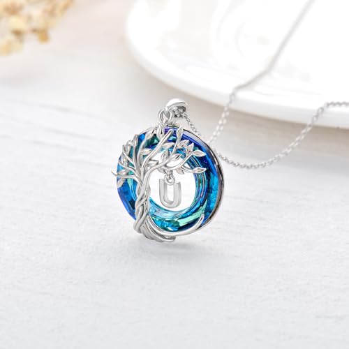 TOUPOP Gifts for Women Tree of Life Initial Necklace 925 Sterling Silver Letter Pendant with Blue Crystal Birthday Jewelry Gifts for Women Her Mom Wife Daughter - color: Tree of Life U Initial