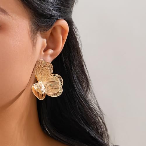 Gold Large Flower Dangle Earrings for Women Vintage Big Ginkgo Leaf Statement Silver Earring Trendy Oversized Floral Punk Jewelry Hip Hop Accessories - color: Small-Gold