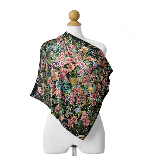 Premium Floral Scarf for Women 35x35 Square Silk Feel-Lightweight Scarves Headscarf Bandanas Wrapping Handbag - color: Black