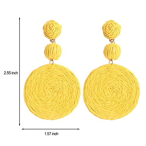 Boho Raffia Ball Earrings for Women, Handmade Statement Drop Earrings Straw Dangle Earrings Beach Vacation Jewelry - color: Yellow