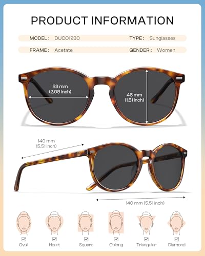 DUCO Women's Trendy Retro Round Acetate Polarized Sunglasses, UV400 99% Glare Block, Lightweight for Daily & Outdoor - color: 4. Tortoise Frame Grey Lens