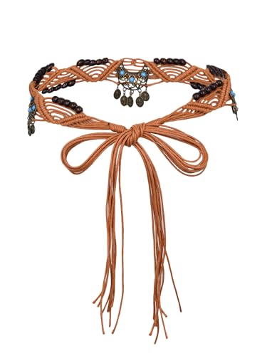 TeeYee Women's Waist Belt Adjustable Boho Style Handwoven Bohemia Tassel Rope Tie with Wooden Beads Braided Chain for Dress - color: Bw0271
