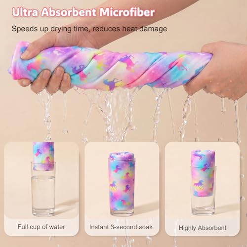 Basumee Microfiber Hair Towel Wrap for Kids 2 Pack Rapid Drying Hair Towel with Button Hair Turbans for Wet Hair Wraps Head Towel Wrap for Women and Girls, Colorful Unicorn - color: Colorful Unicorn