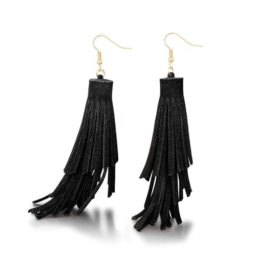 Fringe Leather Earrrings Triangle Deerskin Leather Boho Western Statement Dangel Earrings for Women - color: Black Tassels