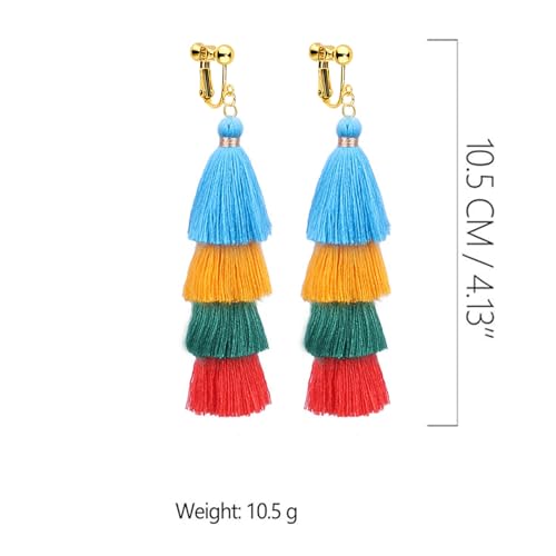 Clip on Earrings, Lightweight Colorful Layered Tassel Bohemian Statement Tiered Big Dangle Drop Earrings for Women, Non Pierced, Boho Jewelry - color: Blue