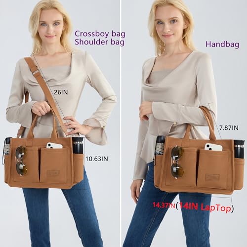 ZHMO Canvas Tote Bag for Women,Women's Bags Crossbody Bags Work Laptop Tote Bag Large Handbags Purse for Travel Nurse Teacher - color: New Upgrade Brown With Compartments and Side Cup Holders
