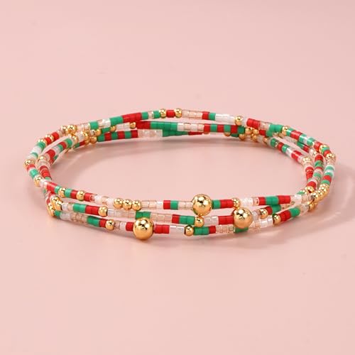 Colorful Beaded Bracelet Stack for Women,3PCS Handmade Bohemian Gold Plated Ball Stretch Stackable Bracelets Set Fashion Jewelry Gift Friendship - color: Christmas