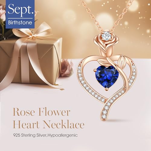 LOUISA SECRET Rose Flower Heart Birthstone Necklaces for Women, 925 Sterling Silver Jewelry, Pendant Heart Necklaces Birthday Anniversary Christmas Gift for Women Wife Mom Girlfriend Lady - color: Rose Gold-09-Sep