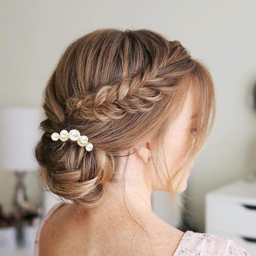 2Pcs Pearl U-Shaped Hair Pins for Buns, Vintage Metal Twist-Style Hair Comb Clips Accessories for Women (Black/Gold)