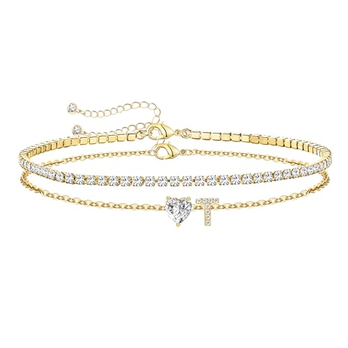 Gold Initial Ankle Bracelets for Women Waterproof 14K Gold Filled Layered Anklets for Women Non Tarnish Women's Anklets Adjustable Large Ankle Summer Beach Foot Jewelry - style: Gold-T