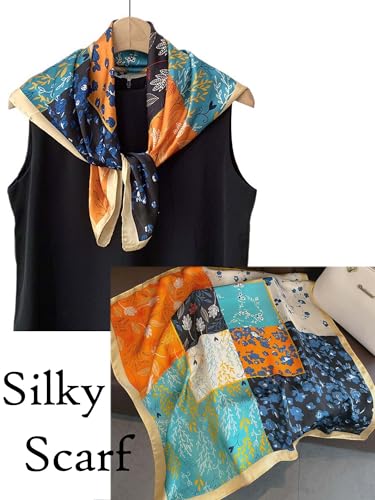 Silky Scarf for Women Lightweight Satin Bandanas Neck Hair Wrap For Sleeping Head Scarves 27.5" - color: A22 Multicolor Plants/27.5"