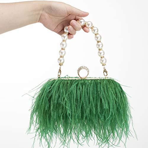 Women Real Natural Ostrich Feather Evening Bags Purses Clutch Vintage Banquet Handbag - color: Green
