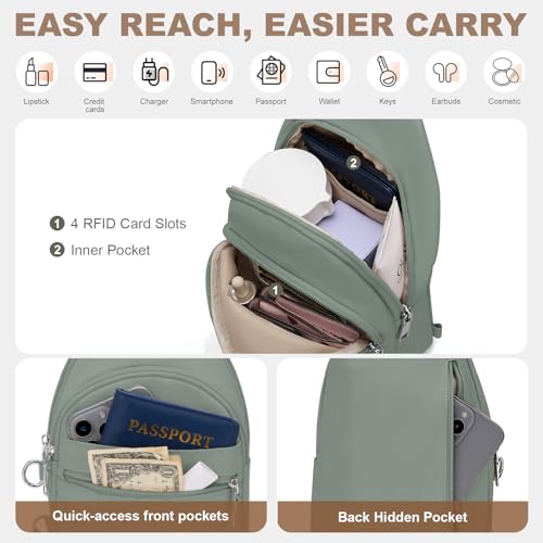 SYTRAH Sling Bag for Women, Anti-Theft RFID Crossbody Bag Nylon Sling Purse for Travel, Puffy Small backpack - color: Green