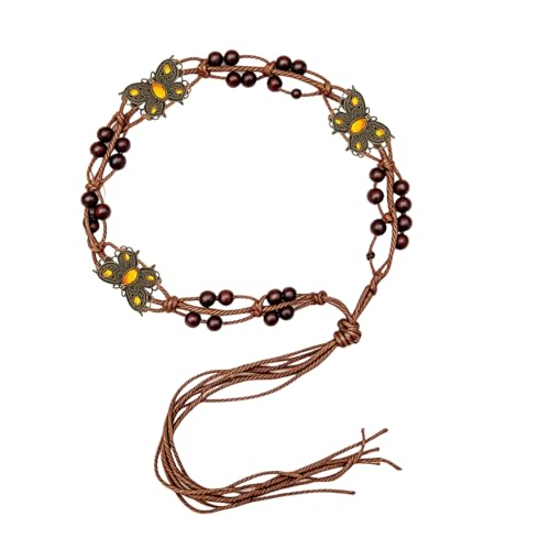 Boho Flower Wooden Bead Waist Belt, Vintage Woven Body Chain, Adjustable Cord Jewelry for Jeans Dress & Beach Wear - color: Yellow