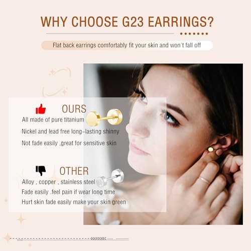 ZDE Women Earrings Flat Back Dot Earrings Titanium Hypoallergenic Cartilage Non-Nickel Earrings Studs for Sensitive Ears Simple Classic 3mm/4mm/5mm/6mm Screw On Stud Earring - color: Gold, size: 5MM