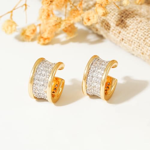 MTMY Gold Ear Cuff Earring for Women 14K Gold Plated Cubic Zirconia Non-Pierced Clip on Cartilage Chunky Ear Cuffs Hypoallergenic Jewelry - style: wide / pair