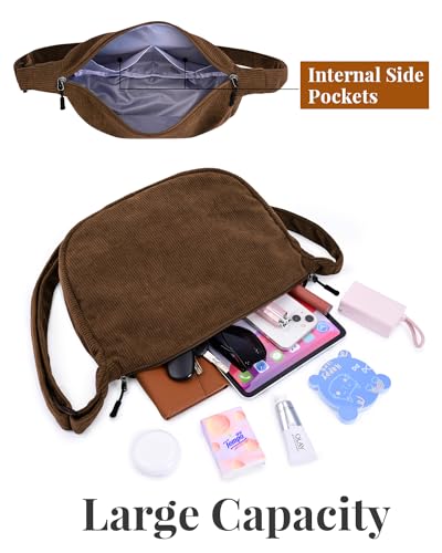 Crossbody Crescent Bag for Women Men Trendy, Crescent Sling Bag with Adjustable Strap, 2 Zippers Lightweight - color: Corduroy-cafe