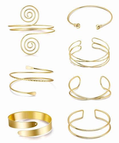 7Pcs Upper Arm Cuff for Women Gold Silver Open Arm Cuff Bracelets Adjustable Armlet Armband Minimalist Coil Swirl Arm Cuff Bracelet Jewelry - style: Gold-A