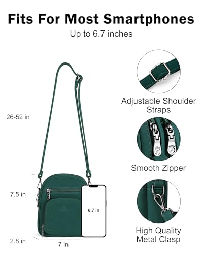 FADEON Small Purses for Women Crossbody Bags, Designer PU Leather Mini Cross Body Purse Travel Shoulder Bag Card Slots - color: Dark Green Nubuck Style
