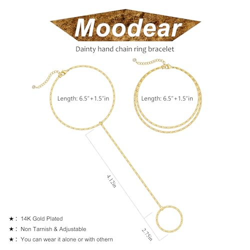 Moodear Gold Hand Chain Bracelet for Women - 14K Gold Plated/Sterling Silver Layered Adjustable Satellite Bead Paperclip Dot CZ Link Hand Chain Ring Bracelets Non Tarnish Trendy Jewelry Gift - style: 3BR-Gold