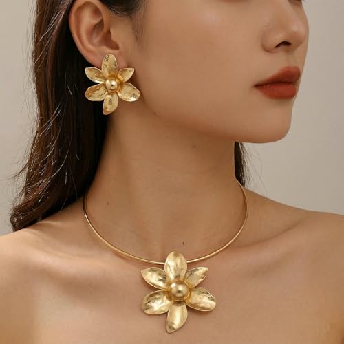 GelConnie Long Necklaces for Women Boho Large Pendant Necklace Casual Bohemian Brown Leather Choker Sweater Circle Statement Stone Necklace - style: Flower Gold Necklace
