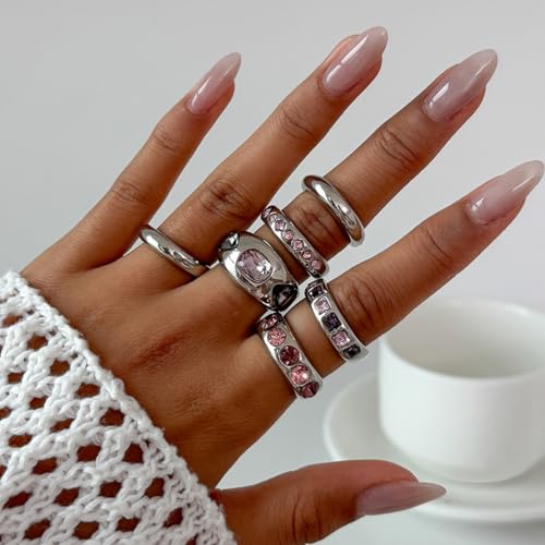 Chunky Gold Rings for Women Non Tarnish Silver Chunky Rings Set Adjustable Thick Statement Ring Gold Stackable Ring for Women Trendy Fashion Silver Jewelry - style: Style8-Purple Gemstone Silver 6Pcs