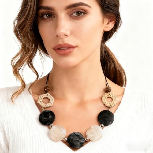 Chunky Acrylic Beaded Necklace for Women Colorful Acrylic Beaded Choker Round Beads Statement Necklace Fashion Jewelry - color: Black