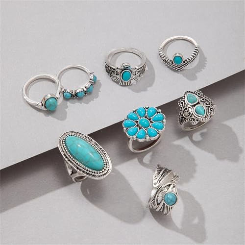 Bohemian Joint Knuckle Rings Set for Women,Vintage Boho Turquoise Stackable Rings Chunky Retro Turquoise Midi Finger Ring Statement Western Jewelry - style: Style B