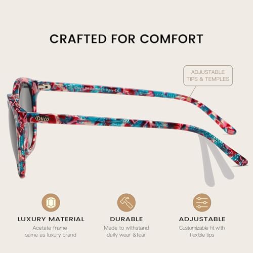 DUCO Women's Trendy Retro Round Acetate Polarized Sunglasses, UV400 99% Glare Block, Lightweight for Daily & Outdoor - color: 2. Candy Phoenix Frame Grey Lens