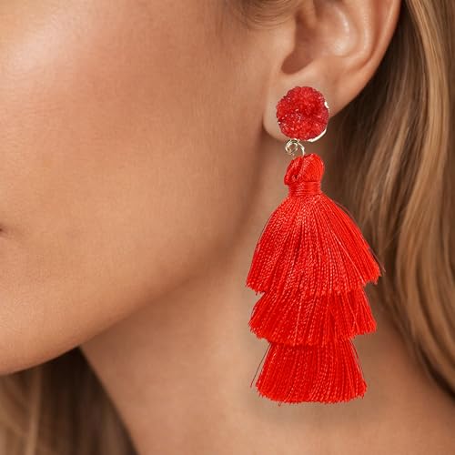 Tassel Earrings for Women - Colorful Layered Tassle Dangle Drop Earrings - color: Red