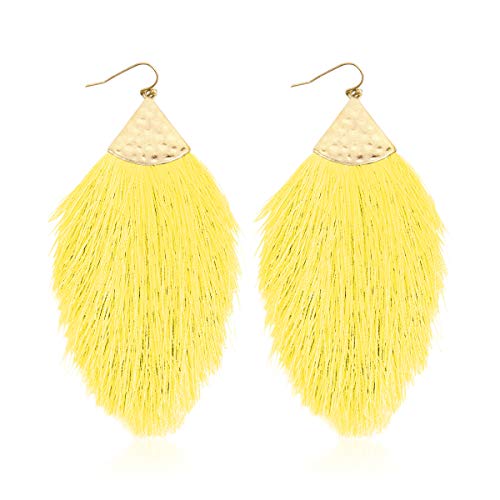 Bohemian Silky Thread Fan Fringe Tassel Statement Earrings - Lightweight Strand Feather Shape Dangles - color: Feather Fringe - Yellow
