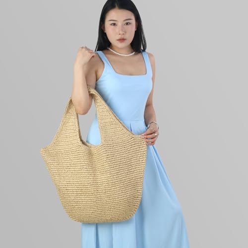 Beach Bags for Women,Summer Soft Large Woven Shoulder Handbags Boho Straw Tote Bags for Travel Vacation 2026 - color: Beige