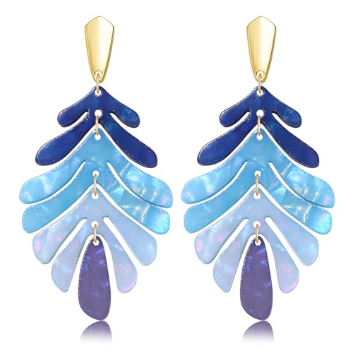 ARATLENCH Acrylic Pendant necklace Earrings – Long Statement Leaf Charm Necklace Tortoise Resin Palm Leaf Earrings Fashion Necklaces Earrings for Women - color: blue A