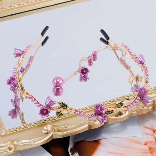 AHONEY Purple Flower Headband for Women Rapunzel Girls Hair Vine Gold Leaf Boho Headband Wedding Fairy Hair Accessories Headpiece - color: Purple