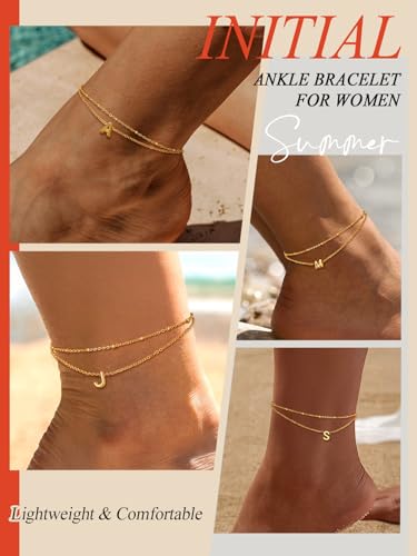 FaithHeart Initial Ankle Bracelets for Women, Waterproof 14k Gold Plated Initial Anklets Non Tarnish Stainless Steel Cute Layered Anklet Summer Beach Jewelry - color: Black, size: Initial H